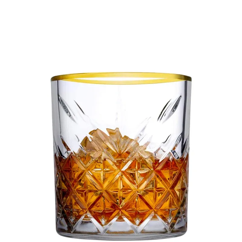 34.5 cl - Pasabahce Timeless Golden Touch Bicchiere Whisky Bordo Dorato in Vetro - Set 4 Pezzi Ultima Occasione