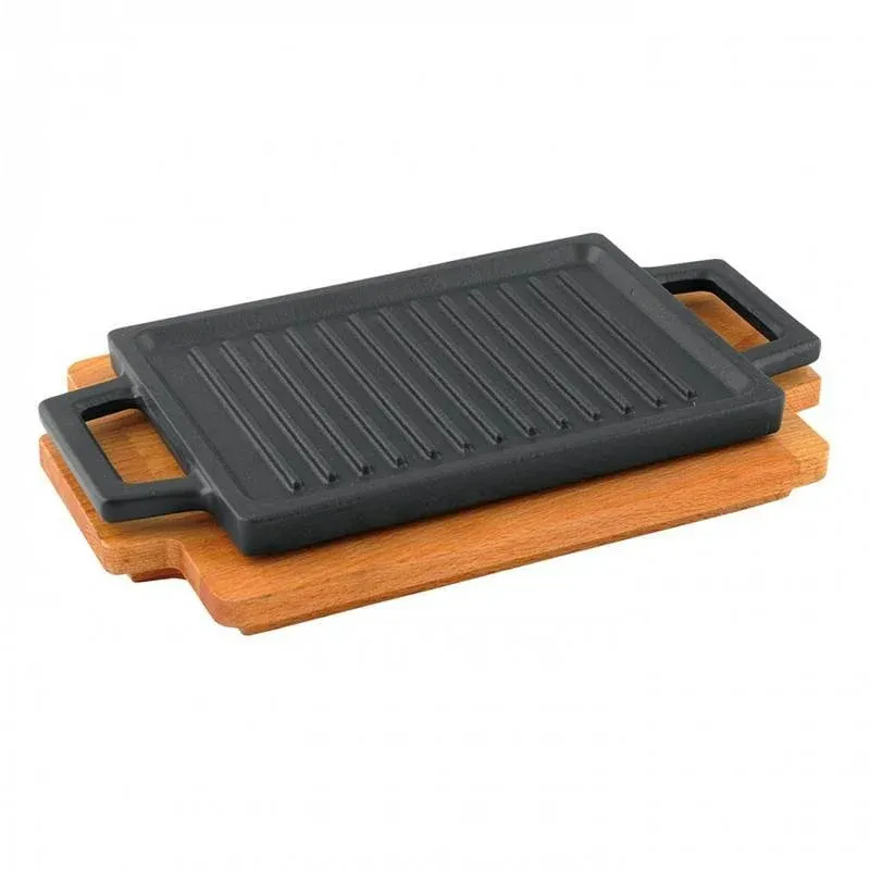 22x30 cm - Paderno Bistecchiera Grill Rettangolare In Ghisa Smaltata Con Supporto In Legno Professionale