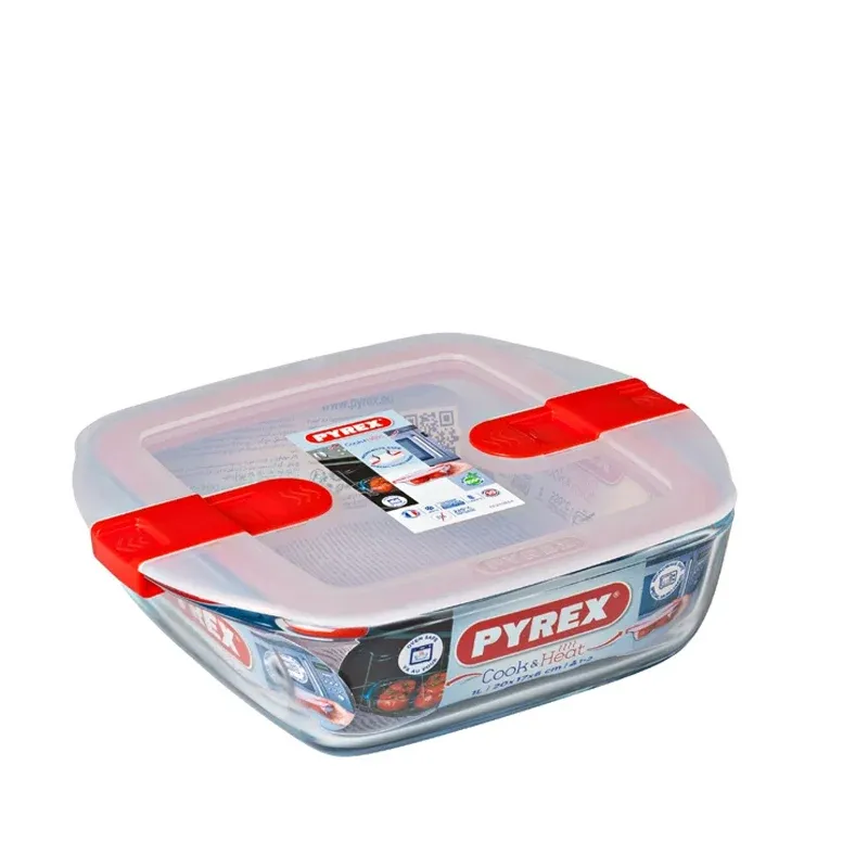Pyrex Cook & Heat Contenitore Per Alimenti Quadrato In Vetro Borosilicato Con Coperchio con valvola a vapore Vendita Finale