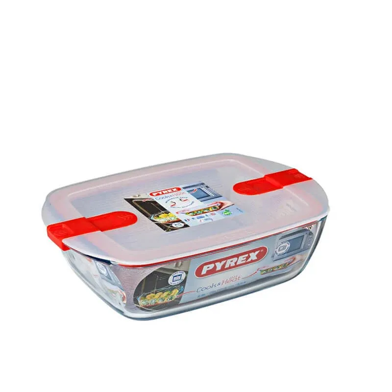 Pyrex Cook & Heat Contenitore Per Alimenti Rettangolare In Vetro Borosilicato Con Coperchio con valvola a vapore Occasione Imperdibile
