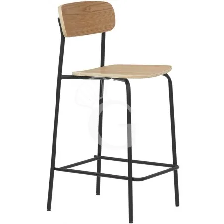 Sgabello con struttura in metallo verniciato, schienale e seduta in legno Bestseller
