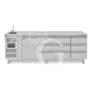 Tavolo refrigerato 9 cassetti 1 porta con lavello,motore a sinistra Prof. 700 mm, temp. +2°C/+8°C, con rubinetto Prezzo Scontato