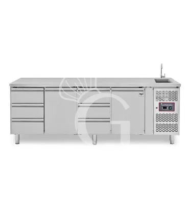 Vendita Finale Tavolo refrigerato 6 cassetti 2 porte con lavello, Prof. 700 mm, temp. +2°C/+8°C, completo di rubinetto