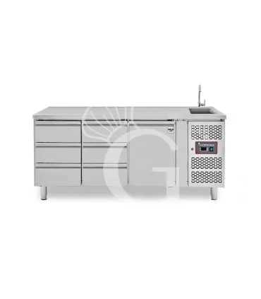 Direttamente Dal Produttore Tavolo refrigerato 6 cassetti da 1/3 a sinistra, 1 porta, lavello, rubinetto, P 700 mm, +2°C/+8°C