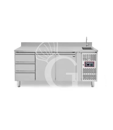 Non Perdere Tavolo refrigerato 3 cassetti a sinistra, 2 porte, lavello, rubinetto e alzatina, P 700 mm, +2°C/+8°C