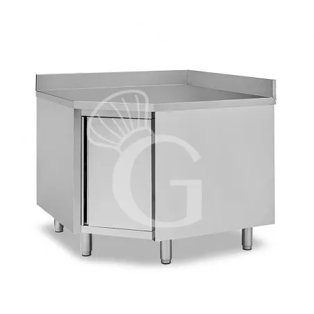 Tavolo armadiato a angolo in acciaio inox con porta battente, alzatina e profondità 700 mm Must-Have