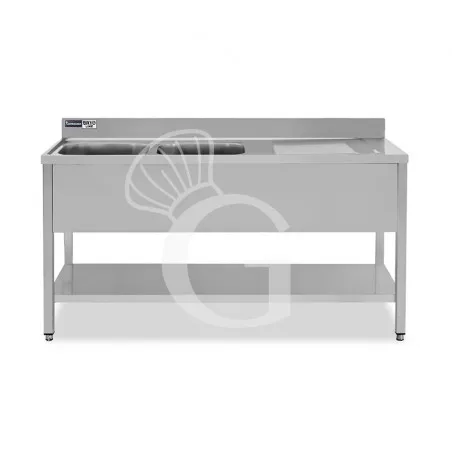 Ultimissimo Modello Lavello semplice con alzatina, 1 ripiano, 2 vasche, gocciolatoio a destra, L1700xP600xH965mm - con foro rubinetto Ø 32 mm
