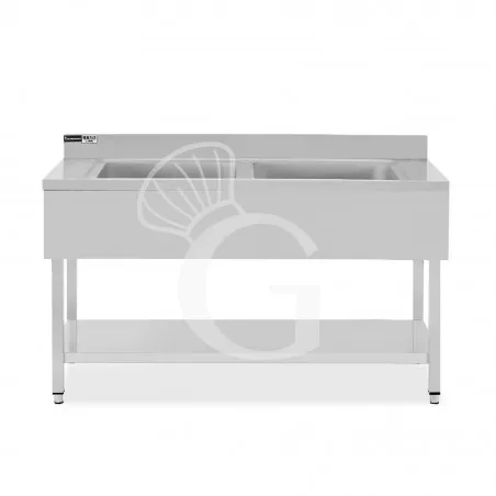 Prezzo Basso Lavello semplice in acciaio inox, 1 ripiano, alzatina, 2 vasche, L 1400 x P 600 x H 965 mm - con foro rubinetto Ø 32 mm