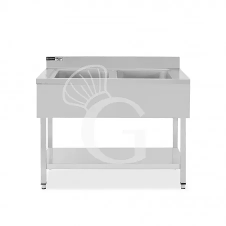 Economico Lavello semplice in acciaio inox, 1 ripiano, alzatina, 2 vasche, L 1100 x P 600 x H 965 mm - con foro rubinetto Ø 32 mm