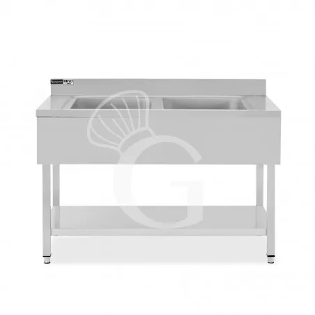 Lavello semplice in acciaio inox, 1 ripiano, alzatina, 2 vasche, L 1300 x P 700 x H 965 mm - con foro rubinetto Ø 32 mm Affare