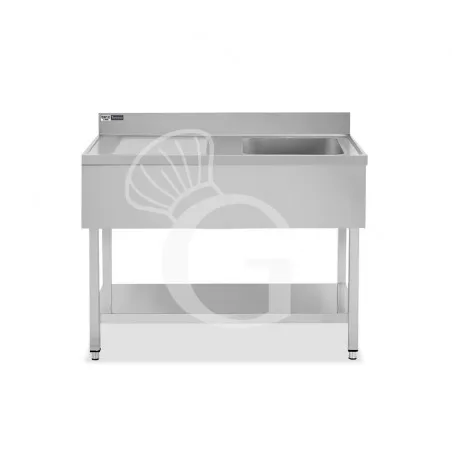 Subito Disponibile Lavello semplice 1 vasca e gocciolatoio a sinistra,ripiano,alzatina, L1300xP700xH965mm - con foro rubinetto Ø 32 mm