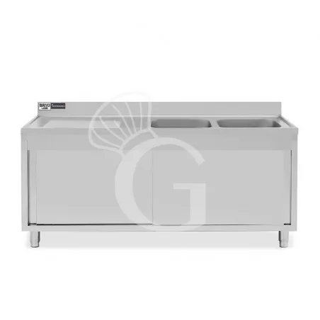 Solo Oggi Lavello armadiato con porte scorrevoli,2 vasche,gocciolatoio a sinistra,L 2000 x P 700 x H 965 mm - con foro rubinetto Ø 32 mm
