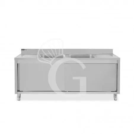 Bestseller Lavello armadiato con porte scorrevoli,2 vasche,2 gocciolatoi,L 1800 x P 700 x H 965 mm - con foro rubinetto Ø 32 mm