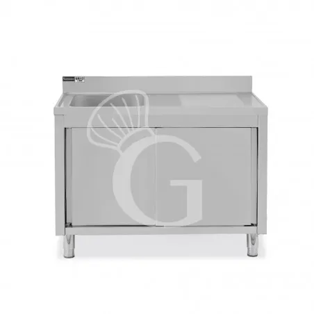 Compra Oggi Stesso Lavello inox armadiato con porte scorrevoli,1vasca,gocciolatoio a destra,alzatina,L1200xP700xH965mm-con foro rubinetto Ø 32 mm