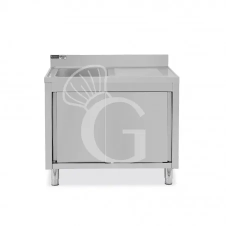 Ultima Occasione Lavello inox armadiato con porte scorrevoli,1vasca,gocciolatoio a destra,alzatina,L1100xP700xH965mm-con foro rubinetto Ø 32 mm