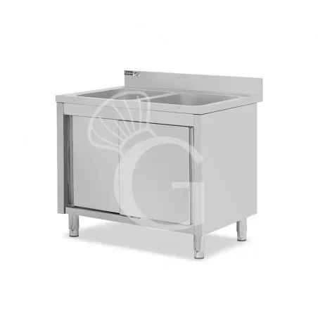 Nuovo Arrivo Lavello armadiato con porte scorrevoli, 2 vasche, alzatina, L 1100 mm x P 700 mm x H 965 mm - con foro rubinetto Ø 32 mm