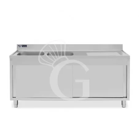 Lavello armadiato con porte scorrevoli,2 vasche,gocciolatoio a destra,L 2000 x P 600 x H 965 mm - con foro rubinetto Ø 32 mm Sconto