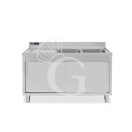 Professionale Lavello inox armadiato con porte scorrevoli,2 vasche,gocciolatoio a sinistra,L1500xP600xH965mm - con foro rubinetto Ø 32 mm