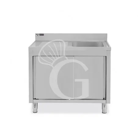Promozione Esclusiva Lavello armadiato con porte scorrevoli,1 vasca,gocciolatoio a sinistra,alzatina,L1100xP600xH965mm - con foro rubinetto Ø 32 mm