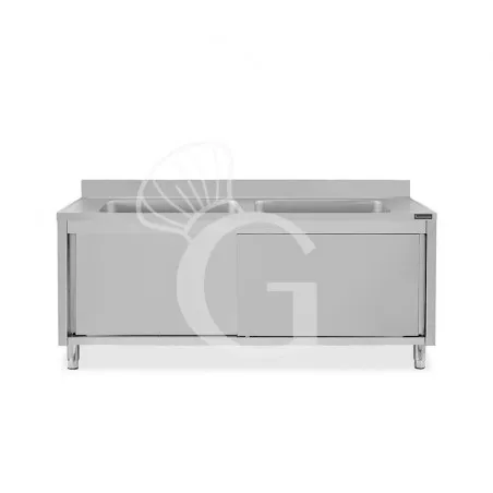 Lavatoio su armadio, porte scorrevoli, 2 vasche, alzatina, L 2000 x P 600 x H 965 mm - con foro rubinetto Ø 32 mm Popolare