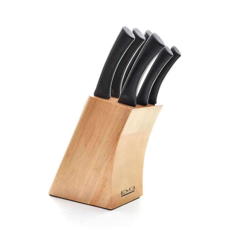 Saldi Ceppo in Legno con 6 coltelli da cucina LOVEME EME 18x8.5xh36 cm cm coltelli manici in resina Acetalica Nera Legno lavorati a mano Lama in Acciaio Inox Eme Posaterie