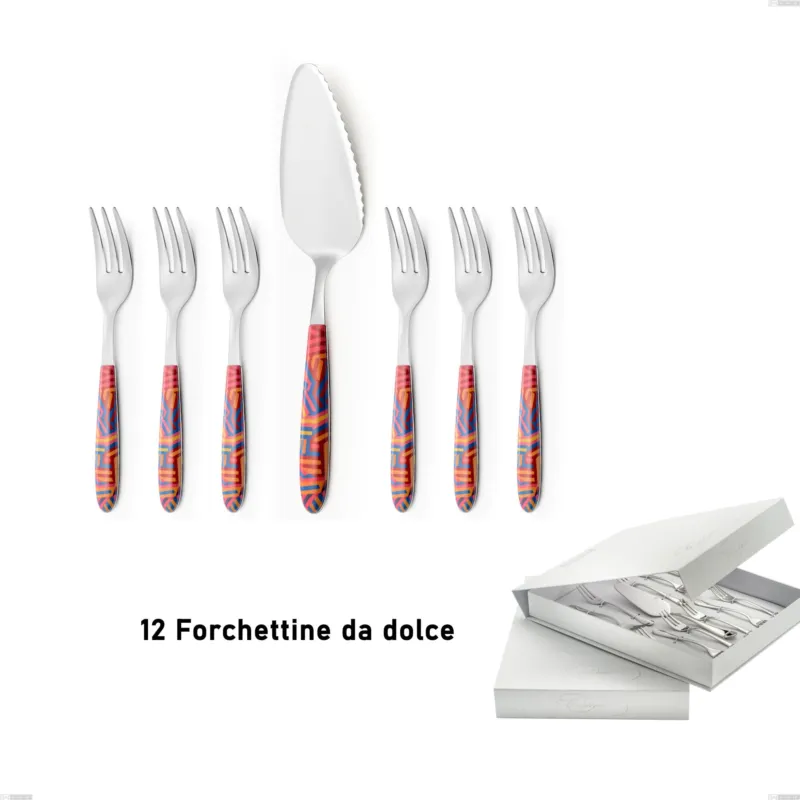 Confezione a libro 13 pezzi, forchettine più paletta dolce vero linear, acciaio 18.0 nickel free, manicatura pbt sublimato acciaio lucido Eme Posaterie Offerta Lampo