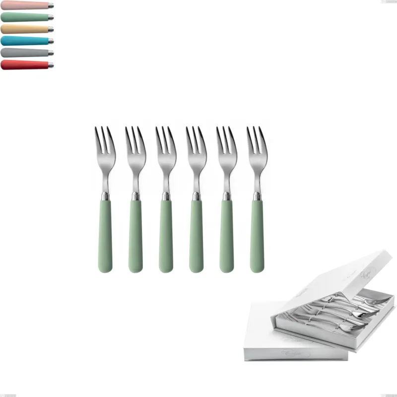 Occasione Confezione a libro 6 pezzi forchette dolce macarons, Acciaio inox 18.10 manici in acrilico inox lucido Eme Posaterie rosa cipria 692