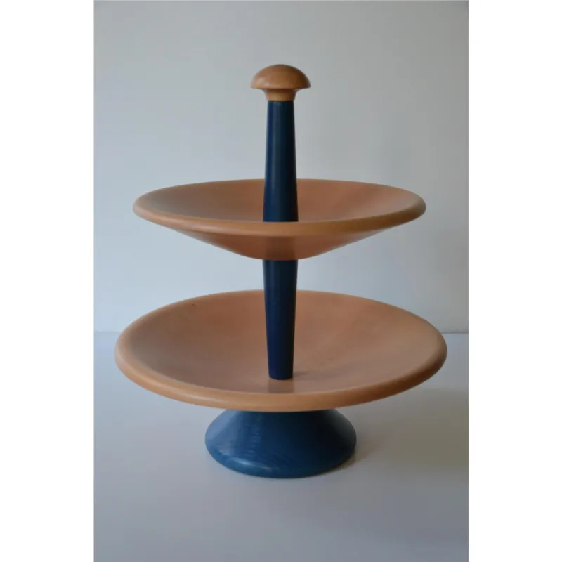 Alzata porta Frutta in legno di tiglio due Piani diametro 30x h34 cm legno naturale e Blu Manzoni Pietro Direttamente Dal Produttore