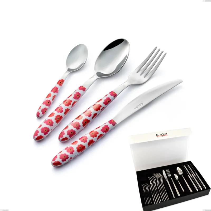 Vendita Finale Confezione panoramica a libro 24 pezzi Vero poppy, acciaio 18.0 nickel free, manicatura pbt sublimato acciaio lucido Eme Posaterie