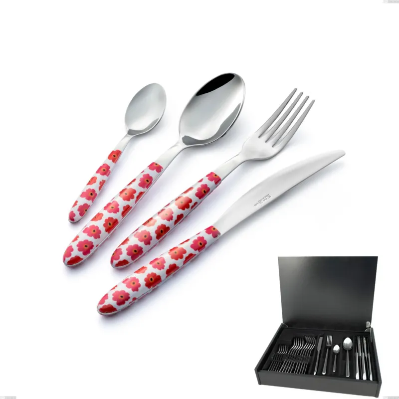Prezzo Scontato Servizio di posate 24 pezzi in astuccio di legno Vero poppy, acciaio 18.0 nickel free, manicatura pbt sublimato acciaio lucido Eme Posaterie