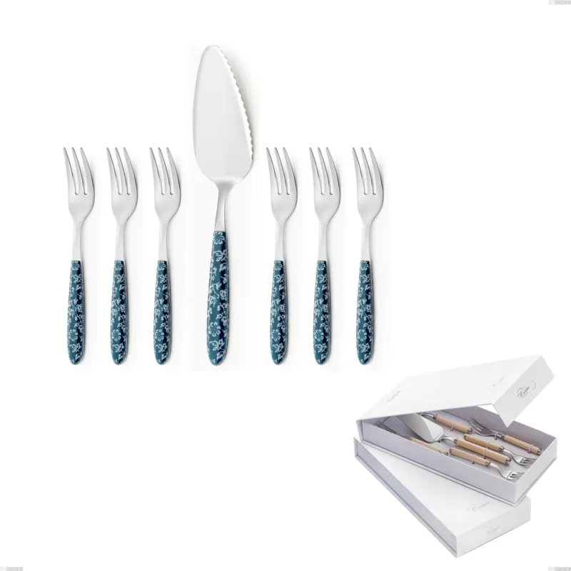 Confezione a libro 7 pezzi, forchettine più paletta dolce vero flowers, acciaio 18.0 nickel free, manicatura pbt sublimato acciaio lucido Eme Posaterie Saldi