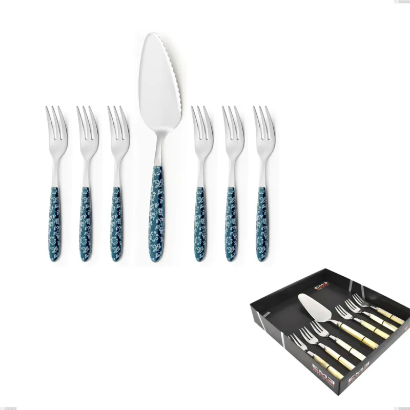Confezione vetrina 7 pezzi, forchettine più paletta dolce vero flowers, acciaio 18.0 nickel free, manicatura pbt sublimato acciaio lucido Eme Posaterie Ultime Pezzi