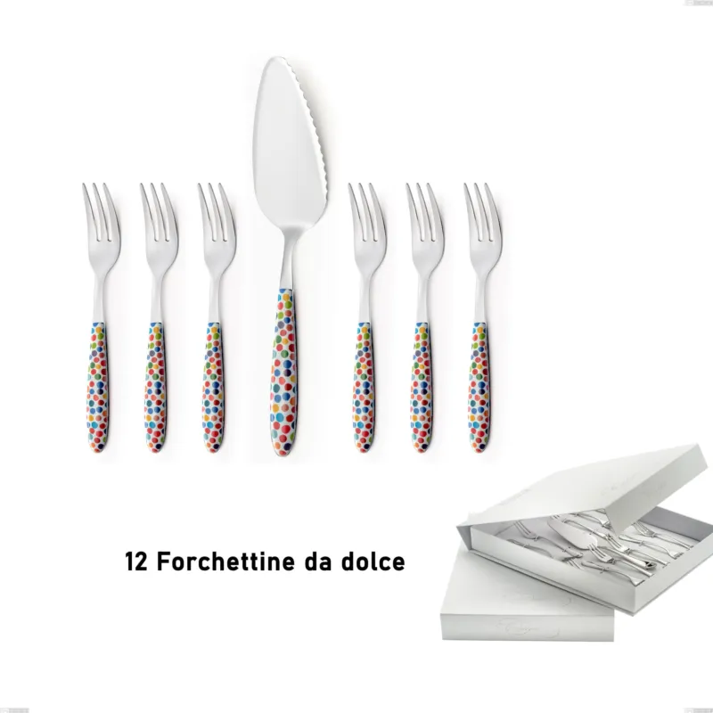 Offerta Limitata Confezione a libro 13 pezzi, forchettine più paletta dolce vero coriandoli, acciaio 18.0 nickel free, manicatura pbt sublimato acciaio lucido Eme Posaterie