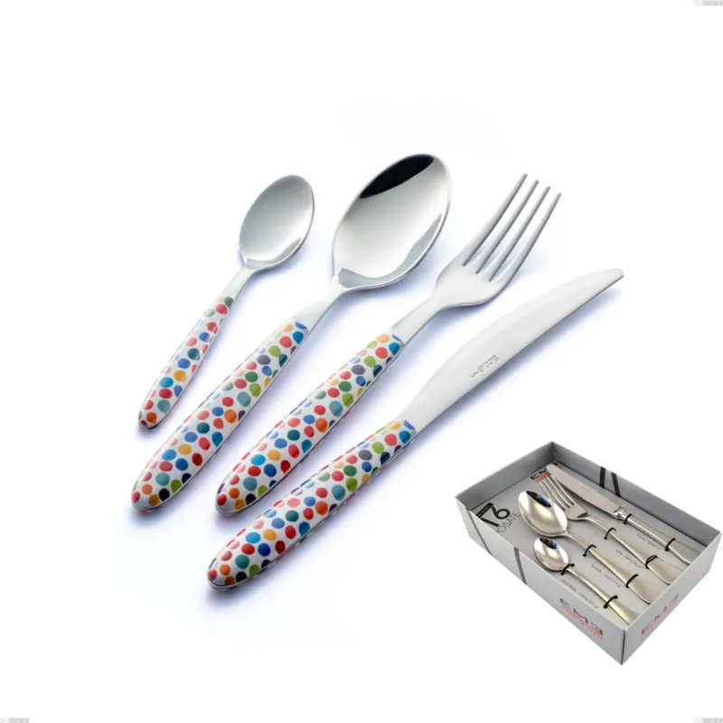 Confezione vetrina 16 pezzi vero coriandoli, acciaio 18.0 nickel free, manicatura pbt sublimato acciaio lucido Eme Posaterie A Buon Prezzo
