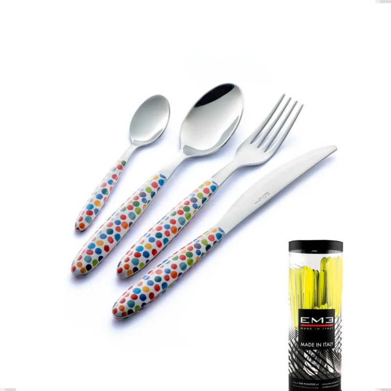 Confezione cilindro 24 pezzi posate vero coriandoli, acciaio 18.0 nickel free, manicatura pbt sublimato acciaio lucido Eme Posaterie Sconto