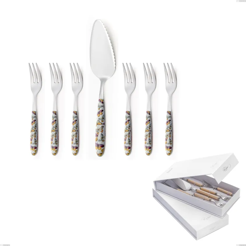 Confezione a libro 7 pezzi, forchettine più paletta dolce vero butterfly, acciaio 18.0 nickel free, manicatura pbt sublimato acciaio lucido Eme Posaterie Affare