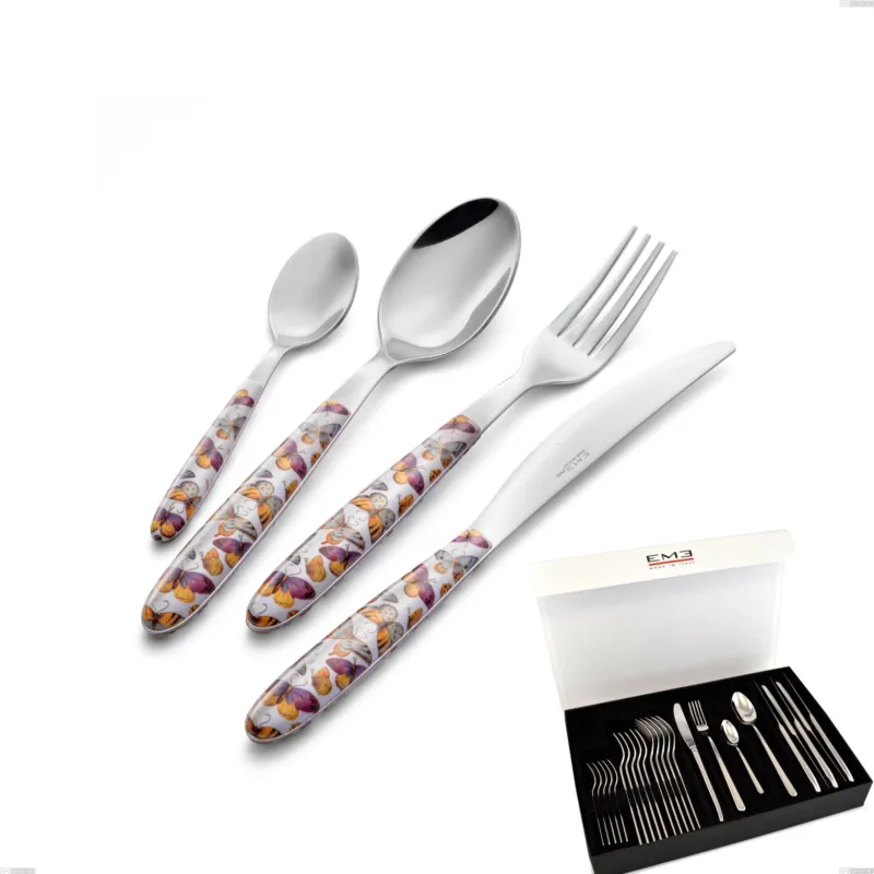Confezione panoramica a libro 24 pezzi vero butterfly, acciaio 18.0 nickel free, manicatura pbt sublimato acciaio lucido Eme Posaterie Reso Gratuito