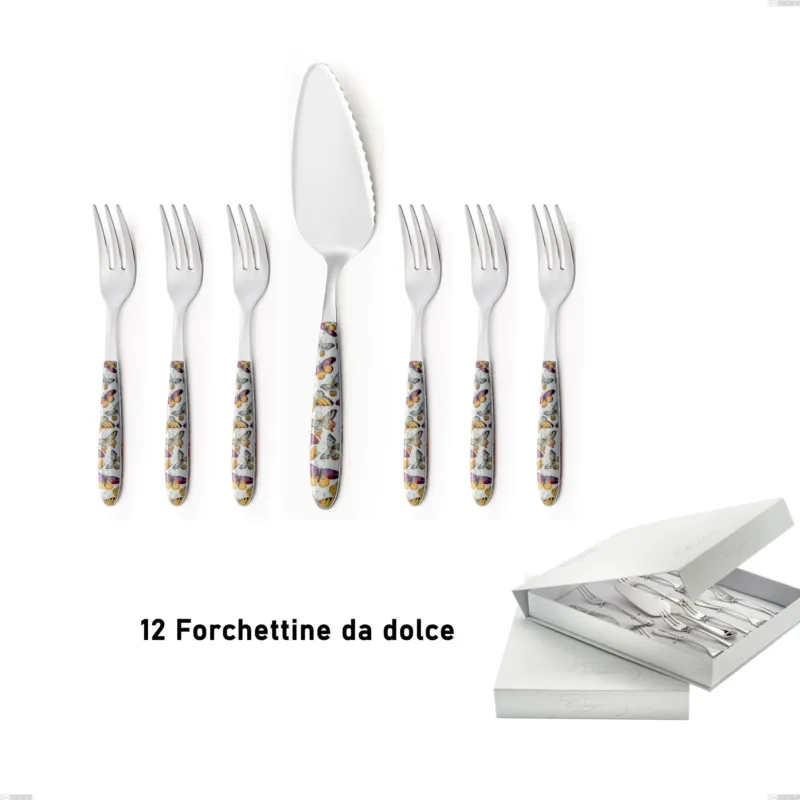 Confezione a libro 13 pezzi, forchettine più paletta dolce vero butterfly, acciaio 18.0 nickel free, manicatura pbt sublimato acciaio lucido Eme Posaterie Super Prezzo