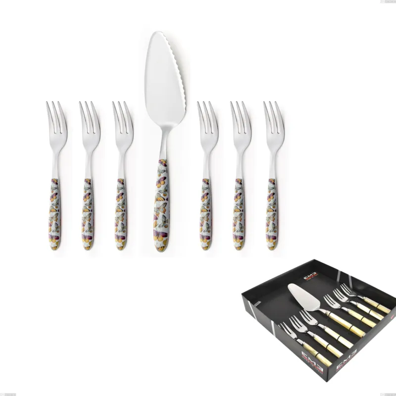 Confezione vetrina 7 pezzi, forchettine più paletta dolce vero butterfly, acciaio 18.0 nickel free, manicatura pbt sublimato acciaio lucido Eme Posaterie Quantità Limitata