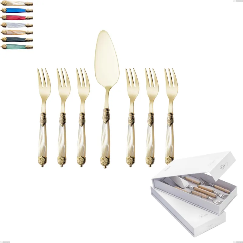 Vendita Finale Confezione a libro 7 pezzi, forchettine più paletta dolce Mirage Perlato Tin gold, acciaio 18.10 con finitura pvd dorata colorato, manici in metacrilato Eme Posaterie avorio perlato 13