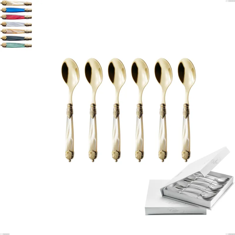 Prezzo Basso Confezione a libro 6 pezzi cucchiaini caffè Mirage Perlato Tin gold, acciaio 18.10 con finitura pvd dorata colorato, manici in metacrilato Eme Posaterie avorio perlato 13