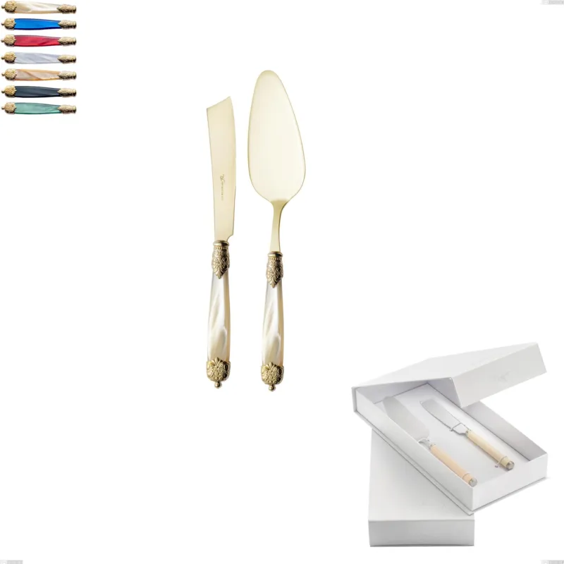 Confezione a libro 2 pezzi,paletta più coltello dolce da servizio Mirage Perlato Tin gold, acciaio 18.10 con finitura pvd dorata colorato, manici in metacrilato Eme Posaterie avorio perlato 13 Nuovo Arrivo