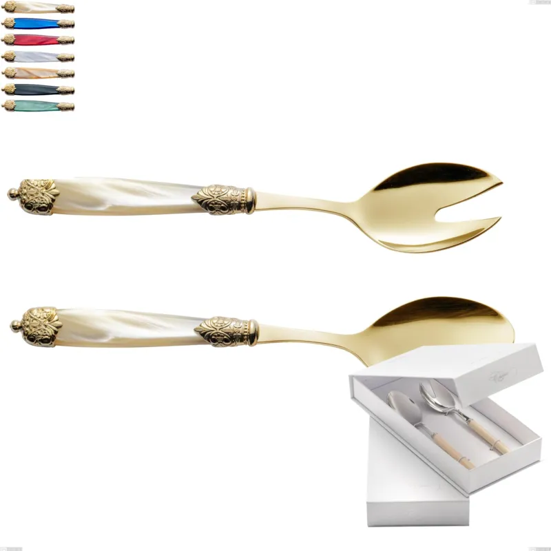 Confezione a libro 2 pezzi insalata Mirage Perlato Tin gold, acciaio 18.10 con finitura pvd dorata colorato, manici in metacrilato Eme Posaterie avorio perlato 13 Offerta Del Giorno