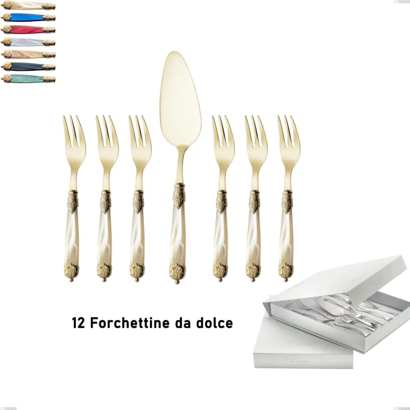 Compra Online Confezione a libro 13 pezzi, forchettine più paletta dolce Mirage Perlato Tin gold, acciaio 18.10 con finitura pvd dorata colorato, manici in metacrilato Eme Posaterie avorio perlato 13
