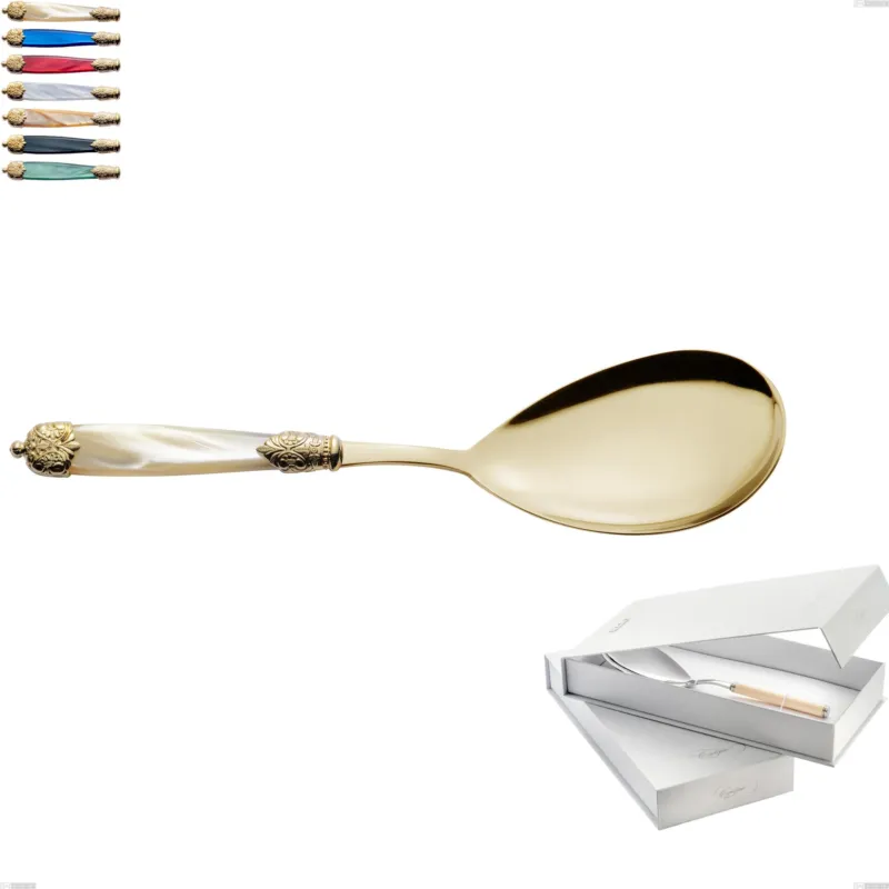 Confezione a libro 1 pezzo pala riso Mirage Perlato Tin gold, acciaio 18.10 con finitura pvd dorata colorato, manici in metacrilato Eme Posaterie avorio perlato 13 Compra Online