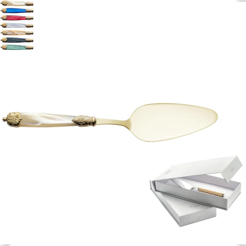 Confezione a libro 1 pezzo pala torta Mirage Perlato Tin gold, acciaio 18.10 con finitura pvd dorata colorato, manici in metacrilato Eme Posaterie avorio perlato 13 Prezzo Di Fabbrica