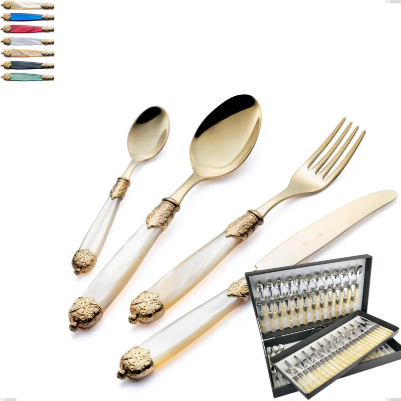 Astuccio 75 pezzi posate Mirage Perlato Tin gold, acciaio 18.10 con finitura pvd dorata colorato, manici in metacrilato Eme Posaterie avorio perlato 13 Ultima Occasione