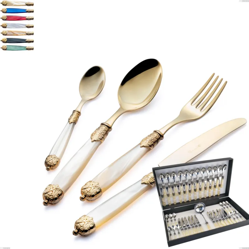 Astuccio 49 pezzi posate Mirage Perlato Tin gold, acciaio 18.10 con finitura pvd dorata colorato, manici in metacrilato Eme Posaterie avorio perlato 13 Promo Stagionale