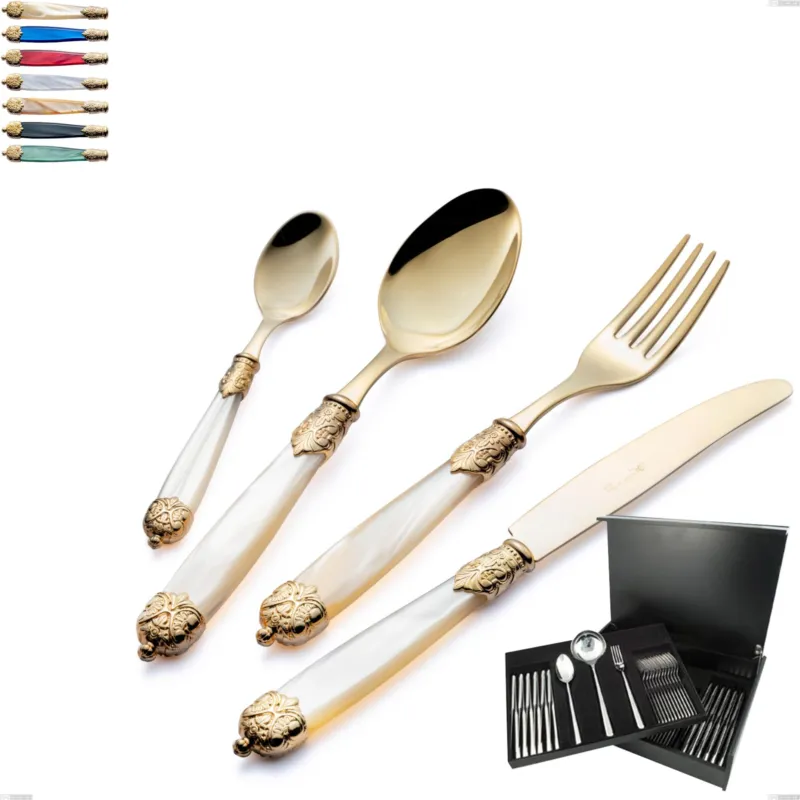 A Buon Prezzo Servizio di posate 75 pezzi in astuccio di legno Mirage Perlato Tin gold, acciaio 18.10 con finitura pvd dorata colorato, manici in metacrilato Eme Posaterie avorio perlato 13