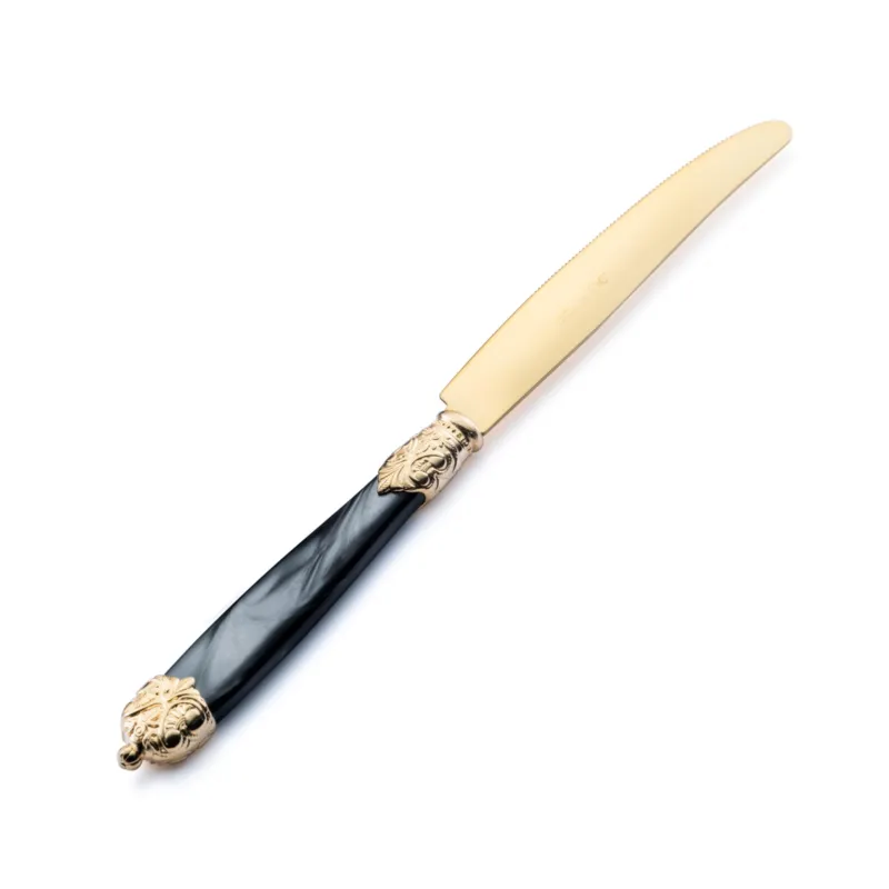 Offerta Limitata Coltello da tavola Mirage in Ghiere oro Tin Gold 18.10 (AISI 304) manico perlato doppia ghiera lavabili in lavastoviglie Nero Perlato Eme Posaterie avorio perlato 13